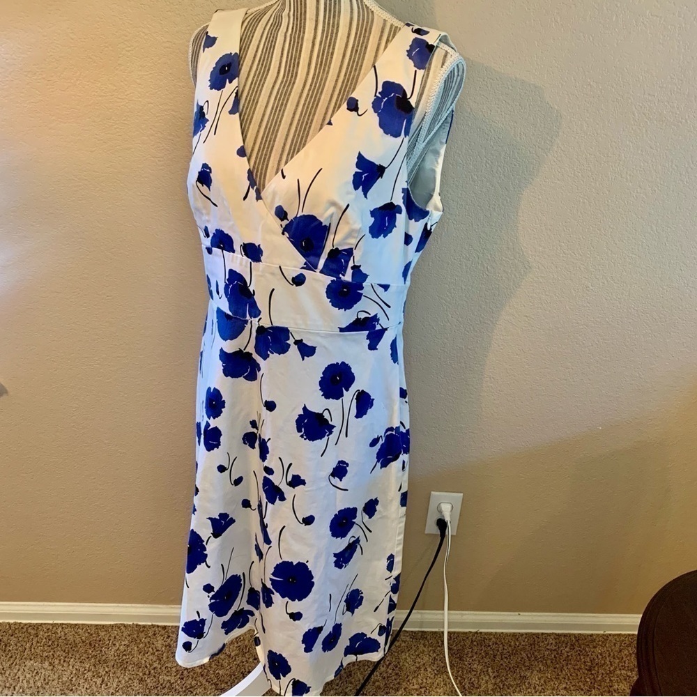 Spense Dress Missy Sz 12 White Blue Floral Cotton Sleeveless Faux Wrap Summer - Picture 6 of 16